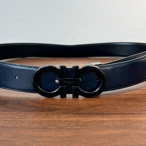 Ferragamo Black Leather Double Gancini Belt